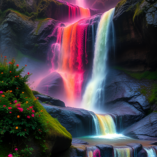 Salto de agua tintada de colores rosas y naranjas en paraje de rocas con flores y musgo.