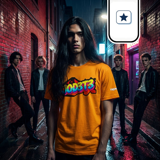 Un joven de pelo largo destaca en primer plano con una camiseta amarilla estampada con letras estilo grafiti.
Detrás de él, cuatro chicos vestidos de negro y con chaquetas de cuero posan apoyados en las paredes de un callejón estrecho de ladrillo.
La escena es nocturna y urbana, con el suelo mojado por la lluvia reflejando las luces tenues de las farolas y un neón morado de club.