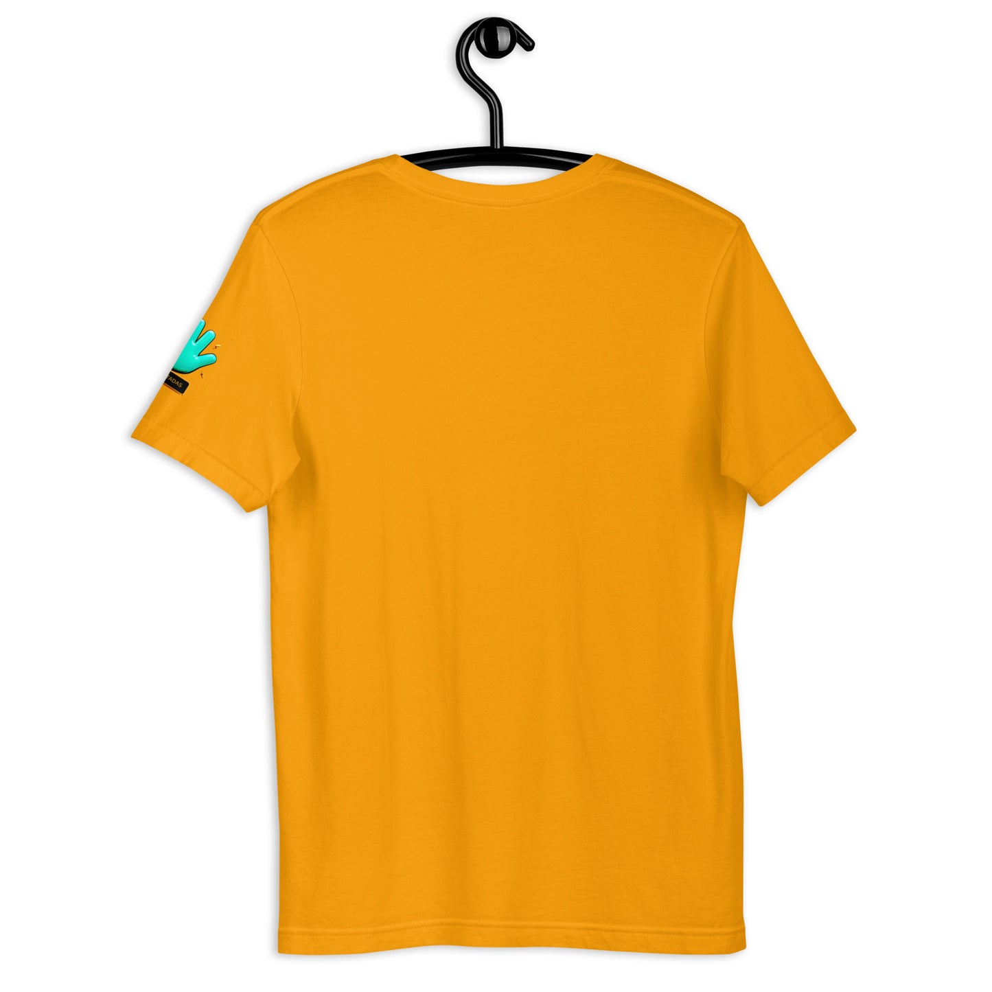 Vista trasera de camiseta amarilla de manga corta, marca Bofetadas, colección 'Frases y Mensajes', sin impresión.