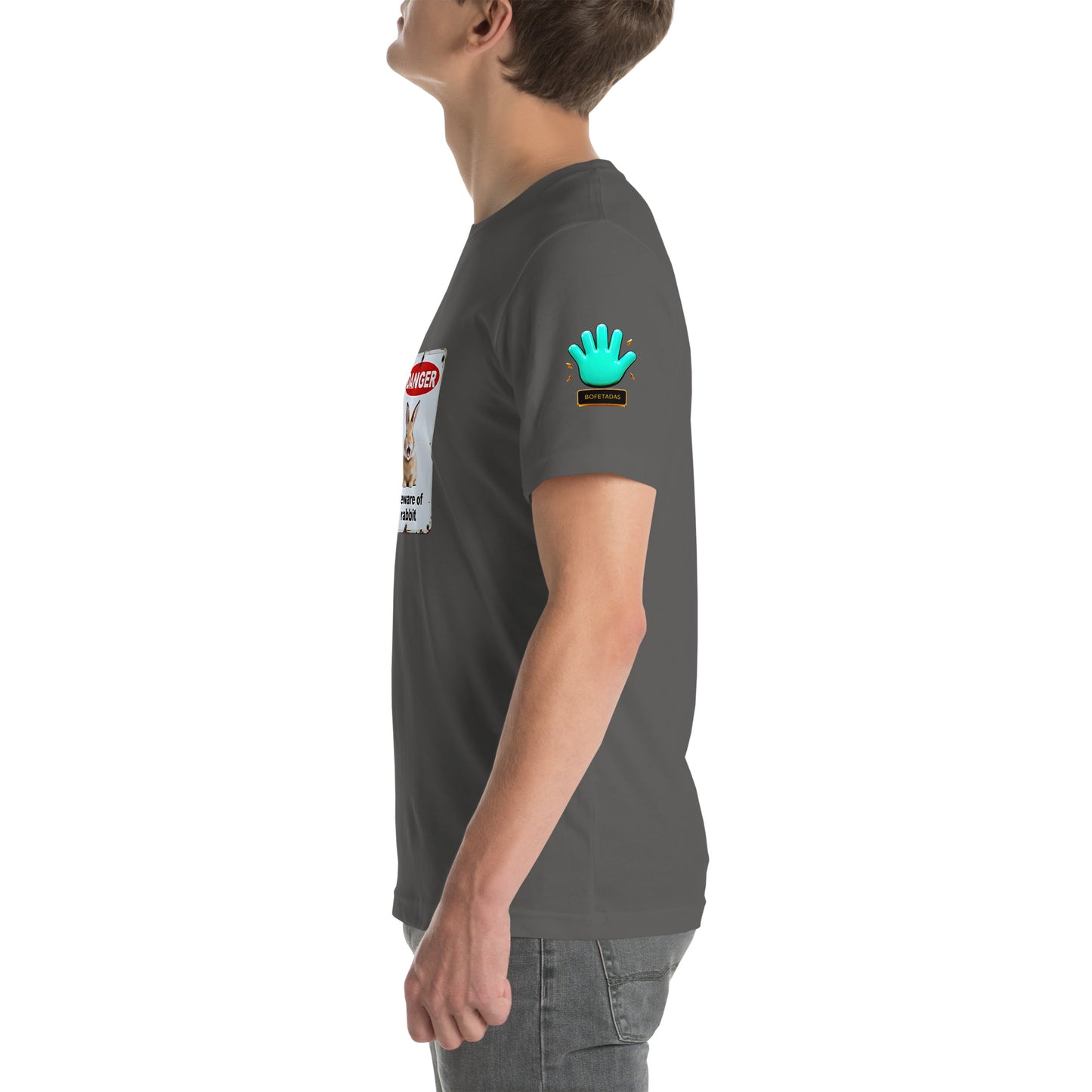 Modelo mostrando la vista lateral de camiseta gris de manga corta, marca Bofetadas, colección 'Frases y Mensajes', con el logotipo de una mano azul en la manga.