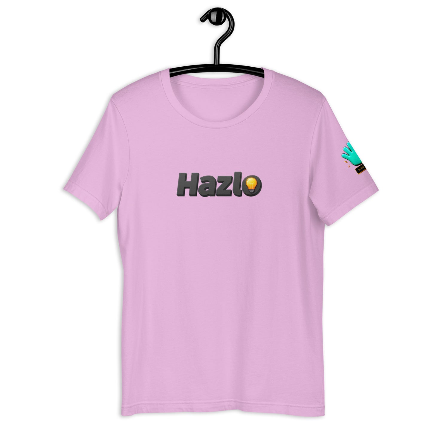 Camiseta rosa de manga corta marca Bofetadas, colección 'Frases y Mensajes', colgada en percha con texto 'hazlo' y bombilla.