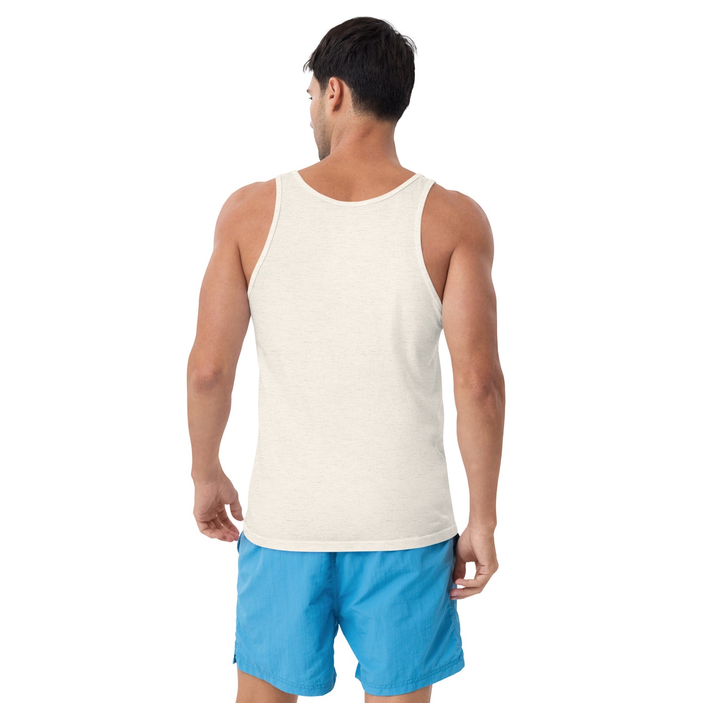 Modelo luciendo la vista trasera de camiseta de tirantes blanca para hombre marca Bofetadas, sin impresión.