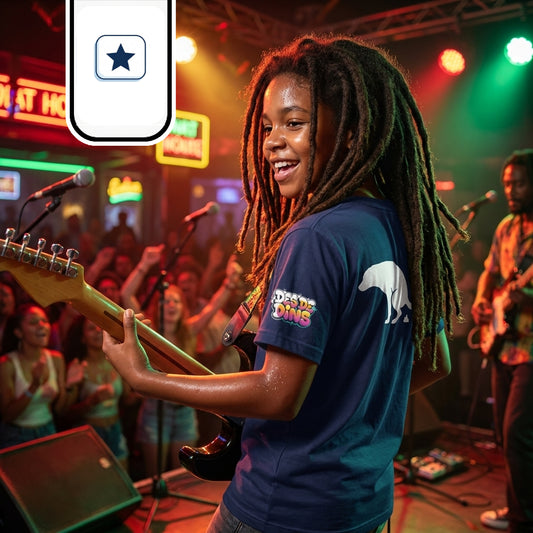 Una joven con abundantes rastas toca una guitarra eléctrica sonriendo hacia un lado en un local nocturno lleno de gente.
Utiliza una camiseta azul oscura decorada con la silueta blanca de un perro estampada en la parte posterior.
El fondo del establecimiento muestra letreros luminosos de neón y luces de escenarios enfocadas en el espectáculo.
