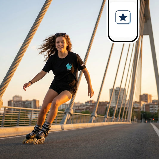 La patinadora avanza con fluidez en una curva inclinada hacia la cámara, luciendo gafas de sol sobre su cabello rizado.
Lleva la misma camiseta negra combinada con pantalones cortos, exhibiendo el logotipo turquesa en forma de mano sobre el pecho.
El plano en ángulo bajo resalta el dinamismo del patinaje y la luz cálida reflejada sobre el pavimento del puente.
