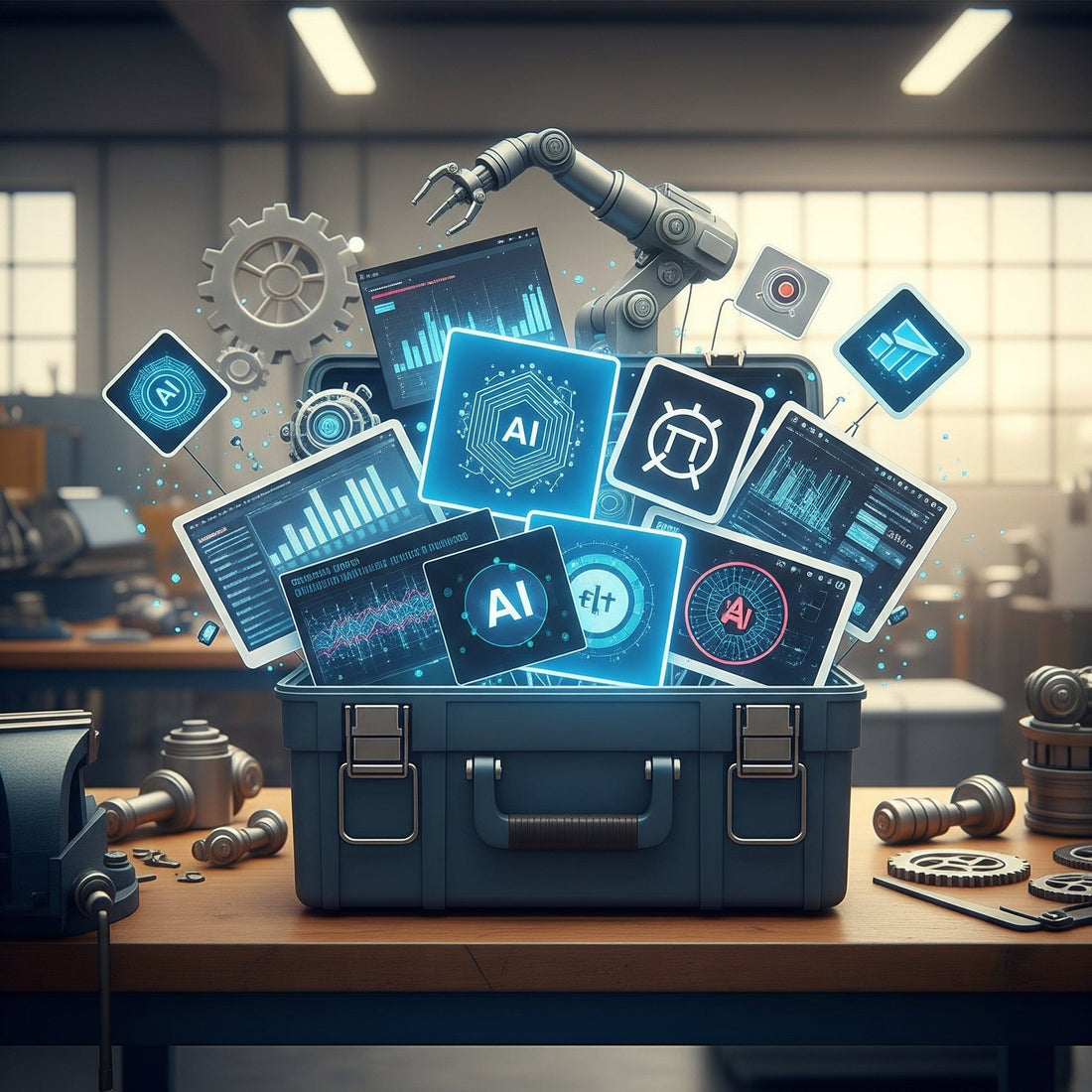 Maleta llena de gráficos de la AI delante de un brazo robótico atareado encima de una mesa con engranajes y otras piezas de ensamblaje.
