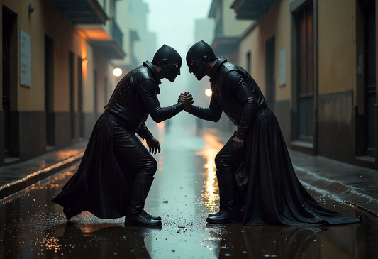 Duelo de fuerza entre dos individuos con gabardina en plena calle lloviendo.