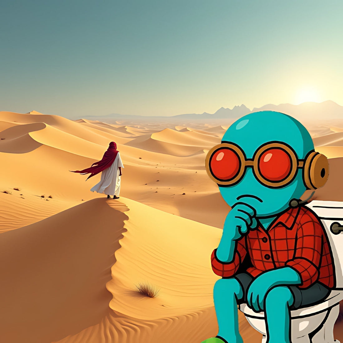 Gullible está sentado en un inodoro en medio del desierto acompañado por un morador de las dunas.