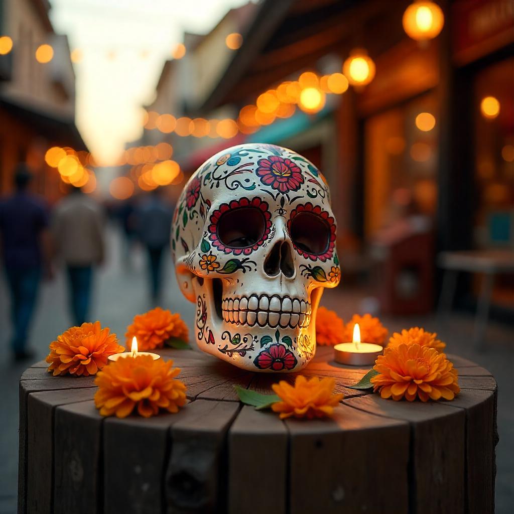 Una calavera decorada estilo floral encima de un pedestal de madera acompañada de unas flores naranjas y 2 celas en un atardecer en la calle de un pueblo cualquiera.