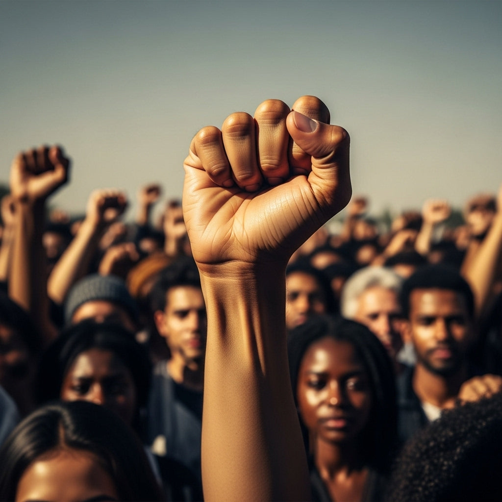 Vista un poco elevada de una manifestación, sobresalen los puños en alto y uno destaca delante de la cámara.