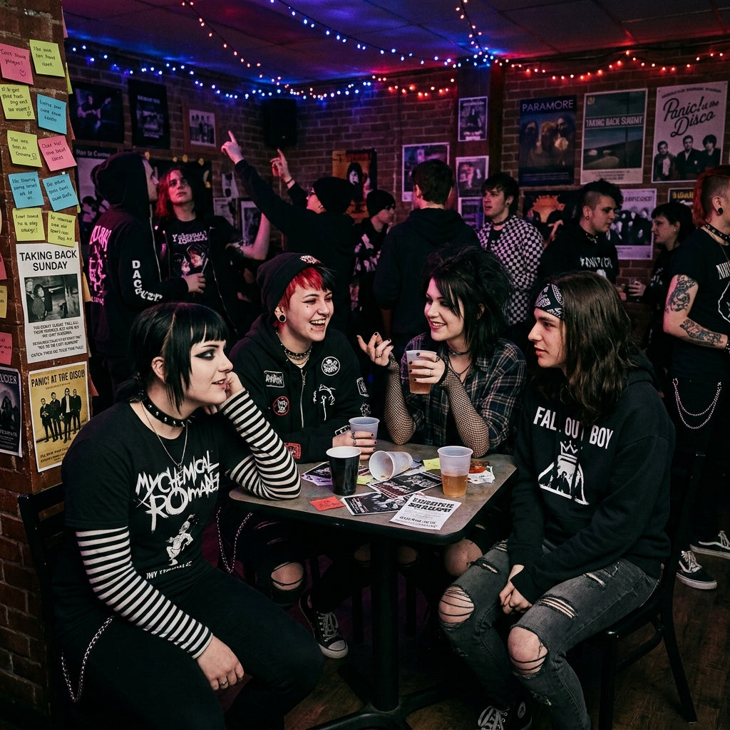 Un grupo de jóvenes tomando y charlando en un bar de copas. Todos visten tonos negros.