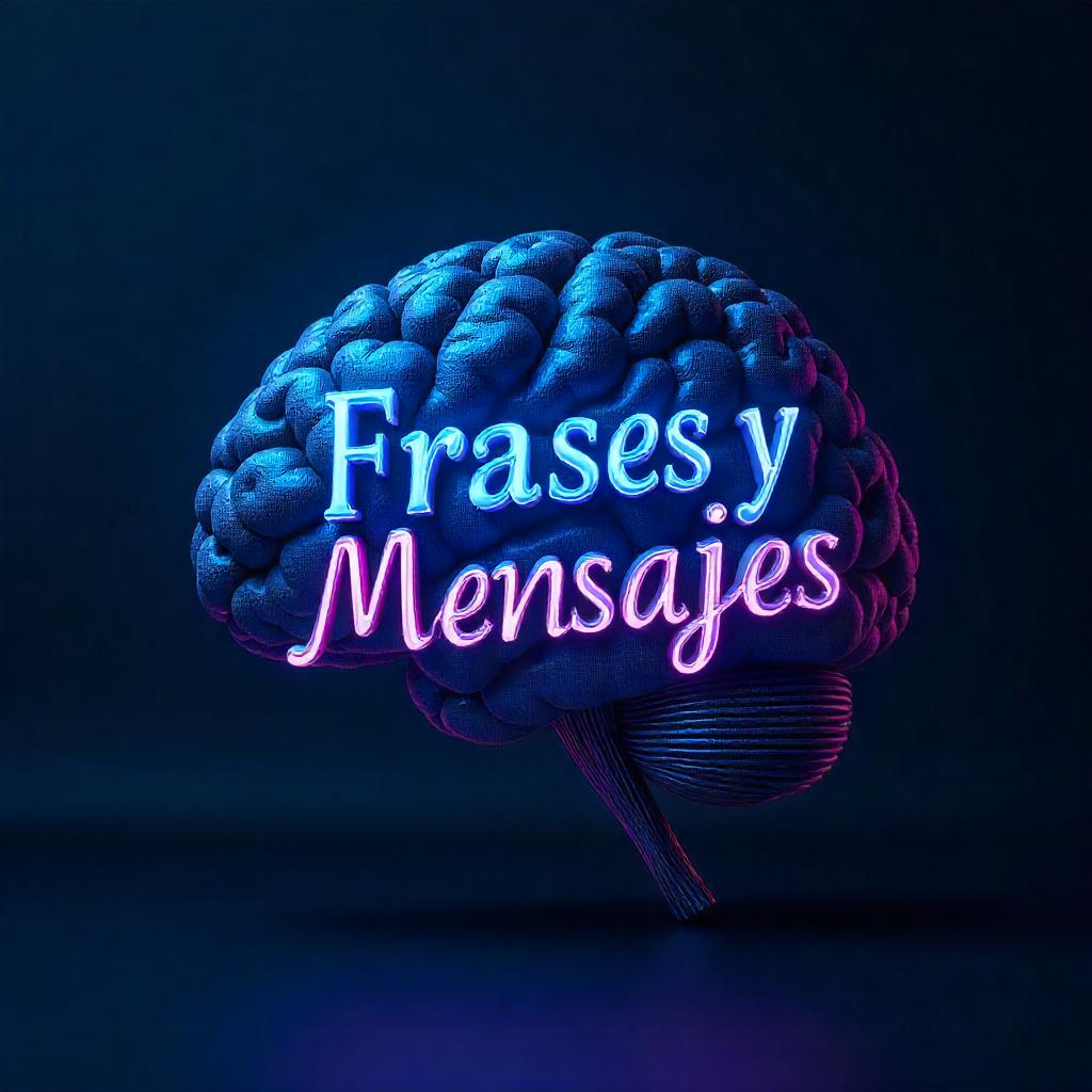 El texto Frases y Mensajes iluminado con neón y superpuesto a un cerebro, con iluminación de sala azul y fucsia.