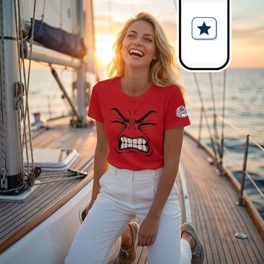 Una mujer rubia y sonriente posa arrodillada sobre la cubierta de madera de un velero al atardecer.
Viste un pantalón blanco y una camiseta roja de manga corta con un dibujo animado de una cara enfadada apretando los dientes.
Al fondo se aprecian las cuerdas y mástiles de la embarcación junto al mar iluminado por la luz cálida del sol poniente.