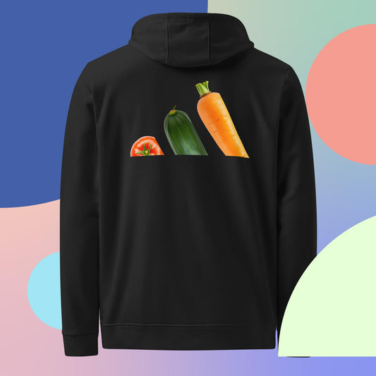 Vista trasera de la sudadera negra con capucha de la colección Adidas Bofetadas, dedicada a la gente sana. En el diseño del logotipo de Adidas, las tres bandas están formadas por un tomate, un pepino y una zanahoria.