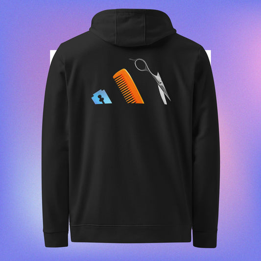Vista trasera de la sudadera negra con capucha de la colección Adidas Bofetadas, dedicada al oficio de peluquero. En el diseño del logotipo de Adidas, las tres bandas están formadas por una cuchilla, un peine y unas tijeras.