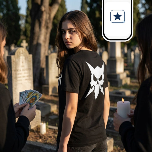 Una joven de cabello castaño mira hacia atrás sobre su hombro con expresión seria en medio de un cementerio.
Viste una camiseta negra con el estampado blanco de una calavera geométrica y puntiaguda en la espalda.
A sus lados, otras dos figuras sostienen cartas del tarot y una vela encendida, añadiendo un tono ritual y enigmático.