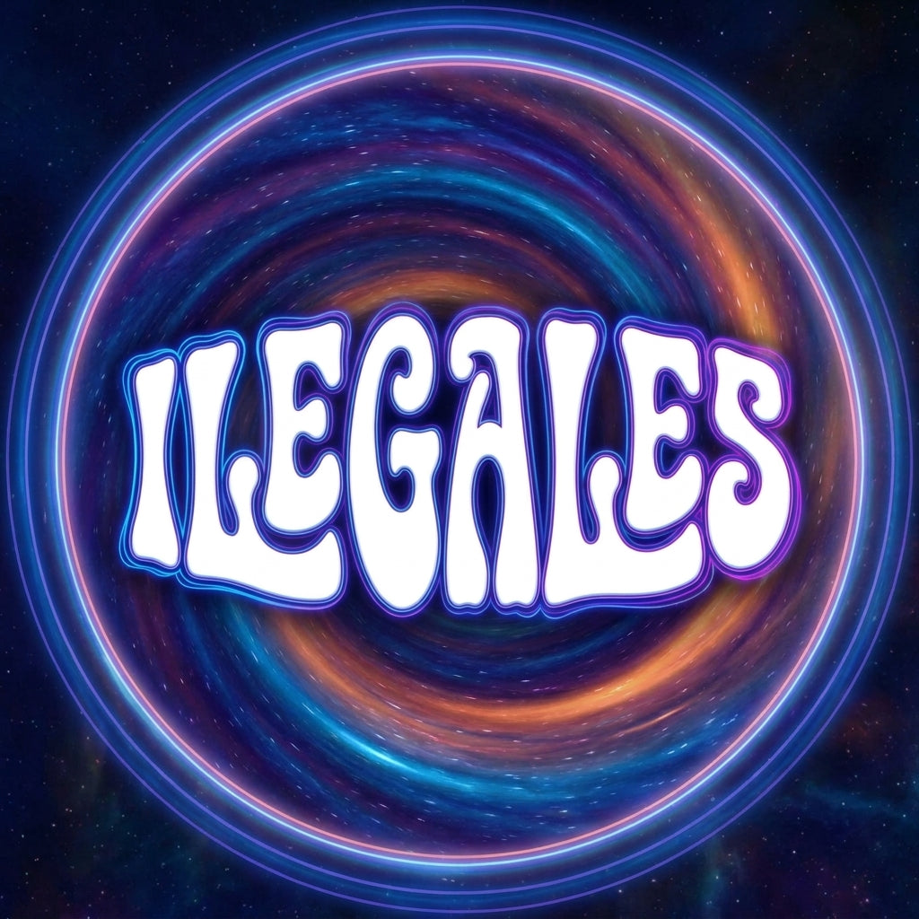 Logo con letras blancas y el texto: "ILEGALES", visualmente extravagante con enormes letras retro con curvas psicodélicas onduladas, formas infladas irregulares, una profundidad dimensional lúdica y proporciones de letras inusuales.
