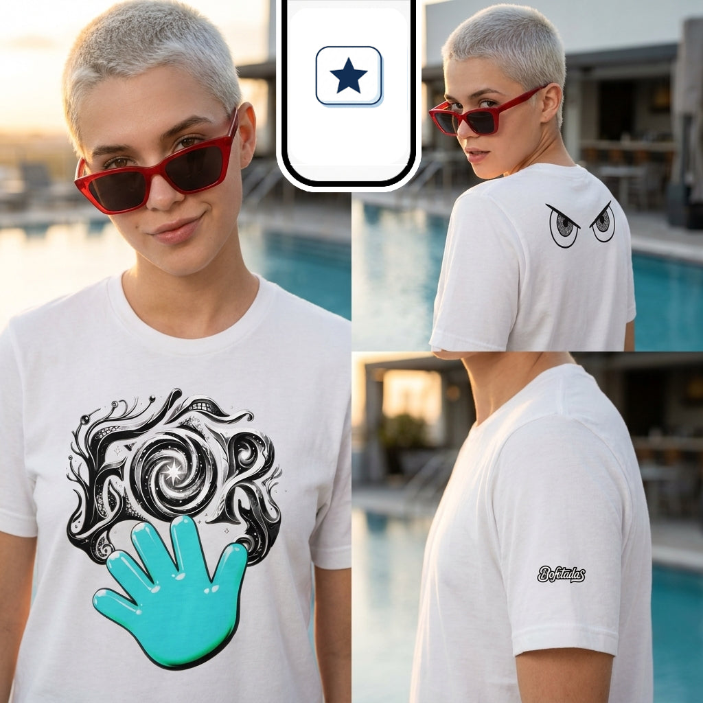 Es un collage de tres imágenes de una mujer de cabello corto platino con gafas de sol rojas junto a una piscina.
La imagen principal muestra de frente el estampado de la camiseta con una mano turquesa y diseño tipográfico.
Las dos tomas laterales muestran la espalda con una mirada desafiante y el detalle del logo «Bofetadas» en la manga.