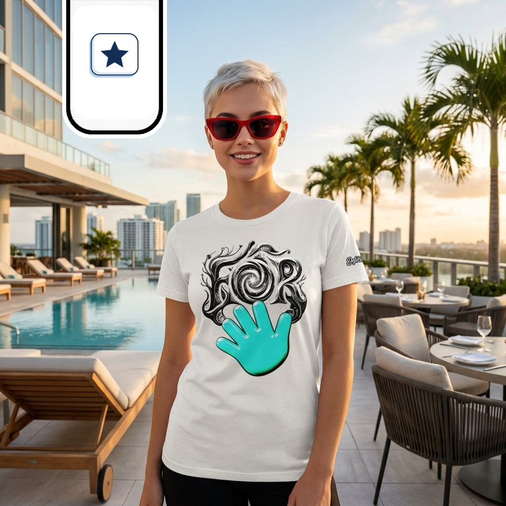 Una mujer de cabello corto rubio platino y gafas de sol rojas sonríe en primer plano al atardecer.
Lleva una camiseta blanca con una ilustración gráfica que incluye una mano turquesa y letras estilizadas en el pecho.
El fondo muestra una elegante terraza con piscina, tumbonas, mesas de restaurante y palmeras bajo la luz dorada.
