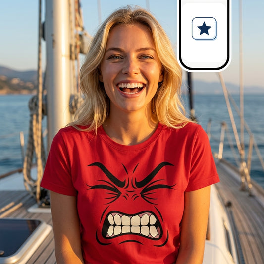 Una mujer rubia y sonriente posa de frente en un plano medio sobre la cubierta de un velero.
Lleva la camiseta roja con la ilustración animada de una expresión enfadada de ceño fruncido y dientes apretados.
El mástil del barco y el mar azul de fondo se iluminan con la luz dorada y cálida del sol.