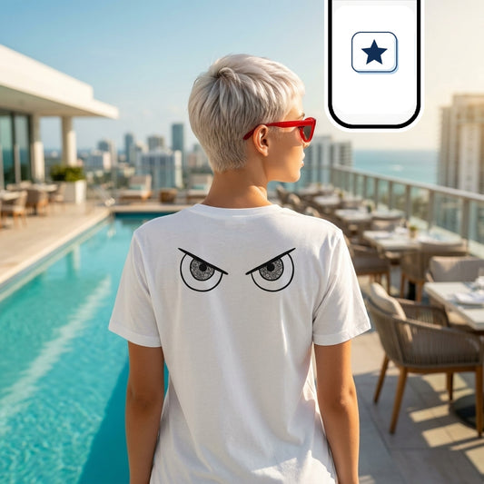 Una mujer de pelo corto platino y gafas de sol rojas aparece de espaldas mirando de perfil hacia el horizonte.
Viste una camiseta blanca de manga corta que lleva estampada en la espalda una ilustración en blanco y negro de dos ojos con mirada desafiante.
Se encuentra en una luminosa terraza en altura, junto a una piscina de aguas turquesas y una zona de restaurante con vistas al mar.