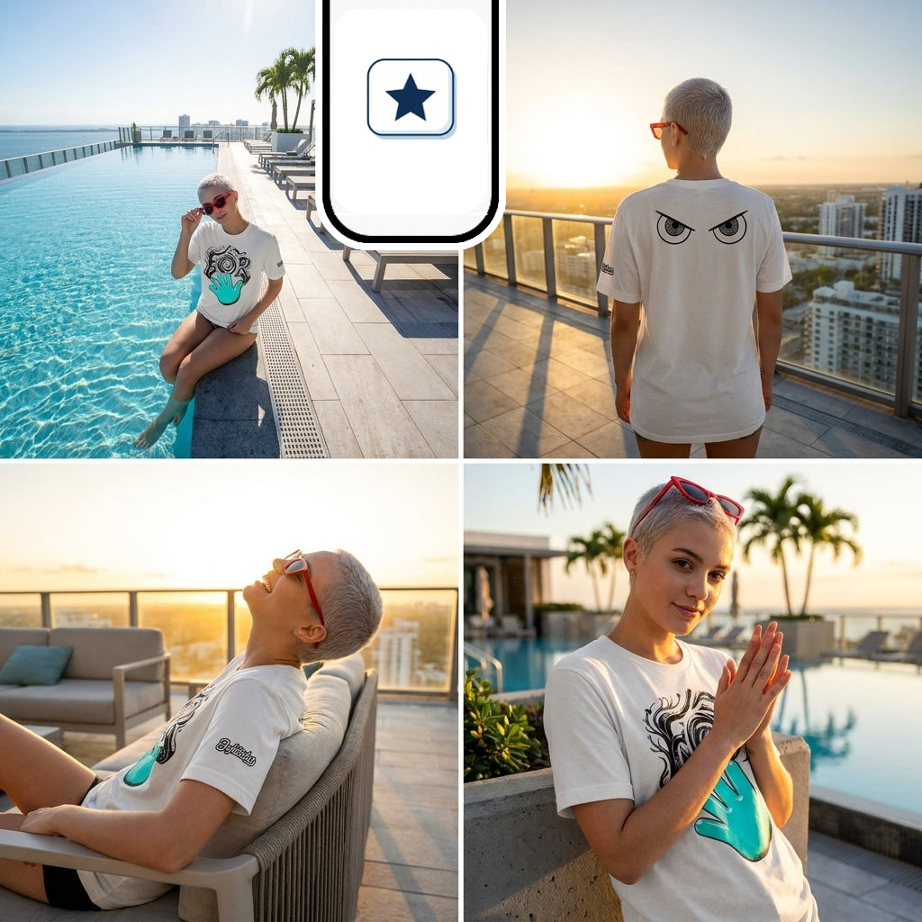 Un mosaico de cuatro fotografías muestra a una mujer con pelo corto platino y gafas de sol rojas modelando una camiseta blanca.
Las imágenes capturan distintos ángulos de la prenda: el frontal con la mano turquesa, la espalda con los ojos desafiantes y el detalle en la manga.
Toda la sesión transcurre al atardecer en una terraza de azotea con piscina infinita, tumbonas y vistas panorámicas.