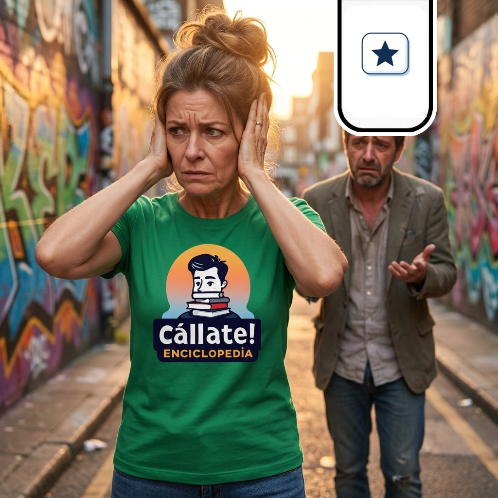 Una mujer en primer plano se tapa los oídos con gesto de frustración y agobio.
Viste una camiseta verde con la ilustración de una cabeza sobre libros y el texto «¡Cállate! ENCICLOPEDIA».
Al fondo, en un callejón con grafitis, un hombre la sigue mientras le habla con ademanes insistentes.