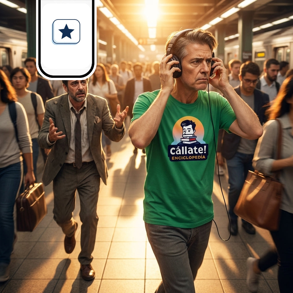 Un hombre camina decidido por una concurrida estación de metro ajustándose unos auriculares para aislarse del ruido.
Lleva una camiseta verde con el logo y el texto «¡Cállate! ENCICLOPEDIA» estampado en el pecho.
Detrás de él, el mismo hombre desaliñado de traje lo persigue apresurado con gesto desesperado y ademanes de reclamo.
