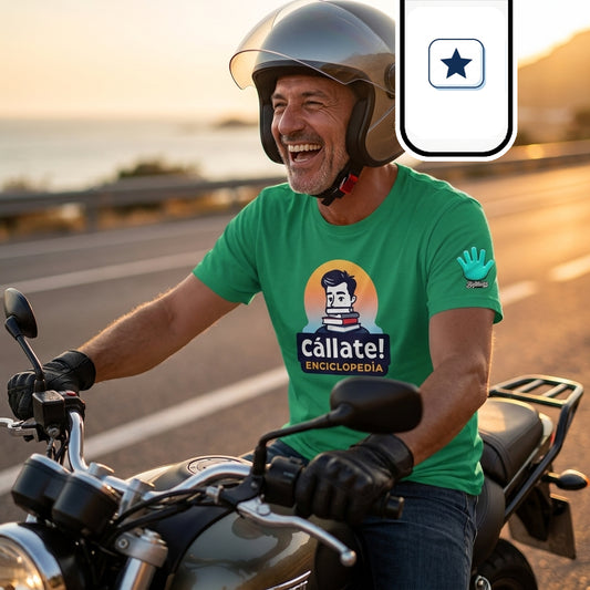 Un hombre sonriente con casco abierto conduce una motocicleta por una carretera costera al atardecer.
Lleva una camiseta verde con el diseño «¡Cállate! ENCICLOPEDIA» en el pecho y el logo de una mano abierta en la manga.
La escena transmite una sensación de libertad, alegría y desconexión total mientras avanza por la vía.