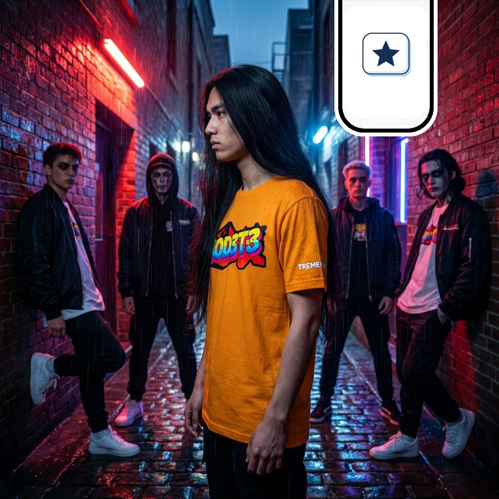 Un joven de pelo largo posa de perfil en primer plano, llevando una camiseta amarilla con un llamativo logo gráfico al frente.
A su alrededor, un grupo de cuatro chicos vestidos con ropa oscura y chaquetas urbanas lo acompañan con actitud desafiante en el callejón.
El entorno nocturno destaca por sus paredes de ladrillo rojo, el suelo adoquinado y mojado, y una intensa iluminación de tubos de neón rojos y azules.