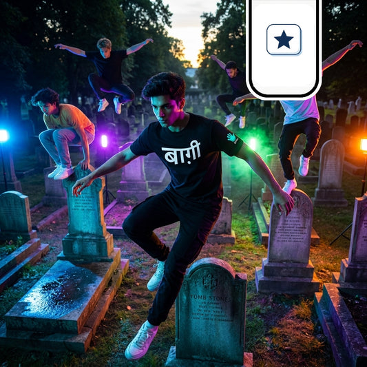 Un grupo de jóvenes realiza acrobacias y saltos dinámicos en medio de un cementerio.
En primer plano, un chico con camiseta negra que lleva una inscripción en hindi salta con los brazos extendidos.
La escena transcurre de noche y está iluminada con vibrantes luces de colores neón azul, verde, rosa y naranja.