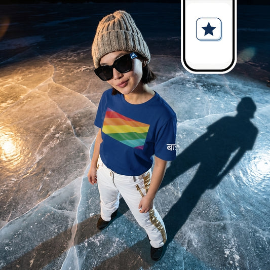 Una joven modelo aparece de pie sobre una superficie de hielo agrietado, capturada desde una perspectiva cenital o picada. Lleva el mismo atuendo de camiseta azul, pantalones blancos con detalles dorados, gafas de sol y gorro de punto beige. La iluminación proyecta una sombra alargada y marcada hacia atrás, destacando las texturas y reflejos del hielo.
