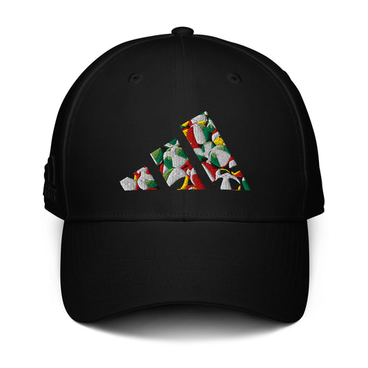 Gorra ajustable negra de la colección Adidas de Bofetadas, con bordado frontal de las tres bandas de Adidas llenas de balones de playa apilados.