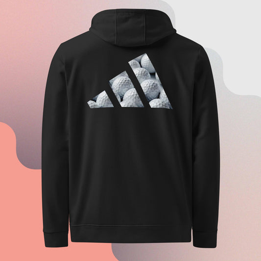 Vista trasera de la sudadera negra con capucha y manga larga de la colección Adidas de Bofetadas. En la parte posterior, las tres barras del logotipo de Adidas están rellenas con pelotas de golf apiladas.