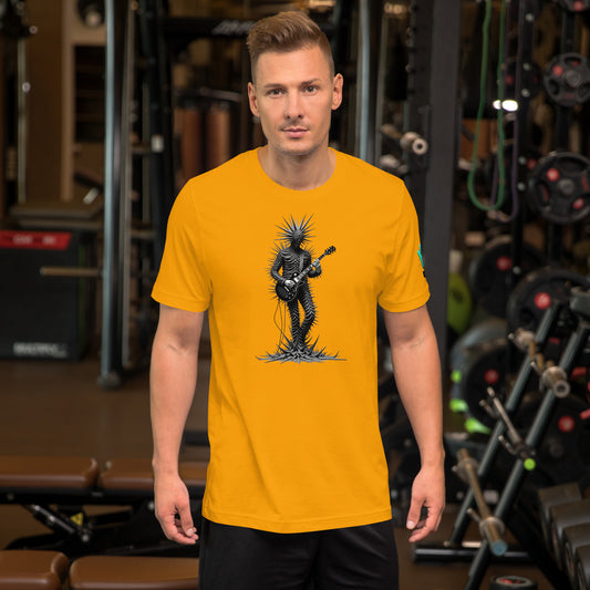 Vista frontal de una camiseta amarilla de manga corta de la marca Bofetadas, perteneciente a la colección Abstracta. La impresión muestra la figura construida a partir de un patrón de pinchos que le da un estilo original y artístico, de un rockero sosteniendo una guitarra.
