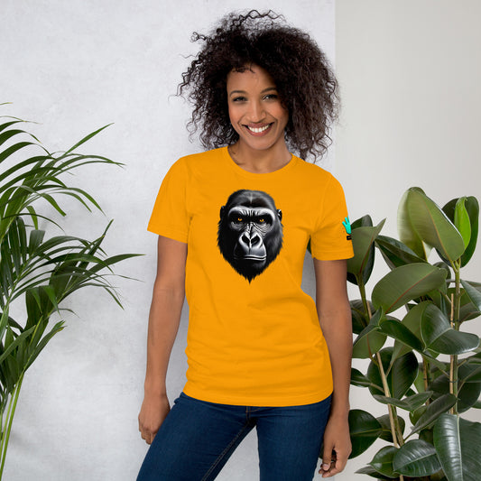 Vista frontal de una camiseta amarilla de manga corta de la colección Animales, llevada por una modelo, con una ilustración de la faz de un gorila impresa en el pecho.