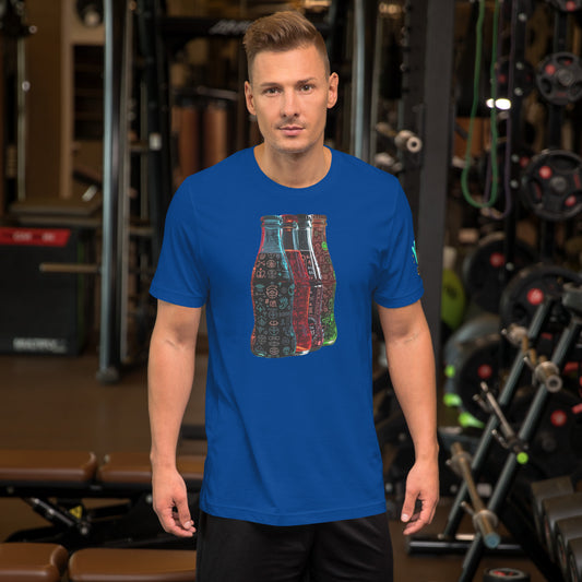Vista frontal de una camiseta azul de manga corta de la colección Pop. La lleva un modelo y muestra una impresión con cuatro botellines de colores que imitan una bebida refrescante tipo Coca-Cola.