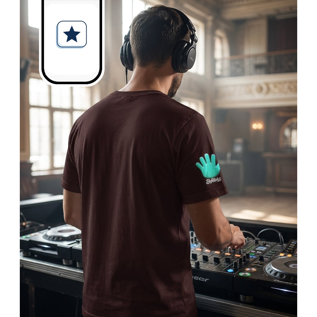 La toma muestra a un dj de espaldas mientras opera una controladora de DJ digital frente a un salón diáfano con grandes ventanales.
La espalda de la camiseta marrón queda limpia y lisa, destacando el logotipo de la mano turquesa en la manga con el texto inferior.
El plano enfatiza los auriculares de diadema y la perspectiva de la cabina hacia el recinto iluminado por luz natural.
