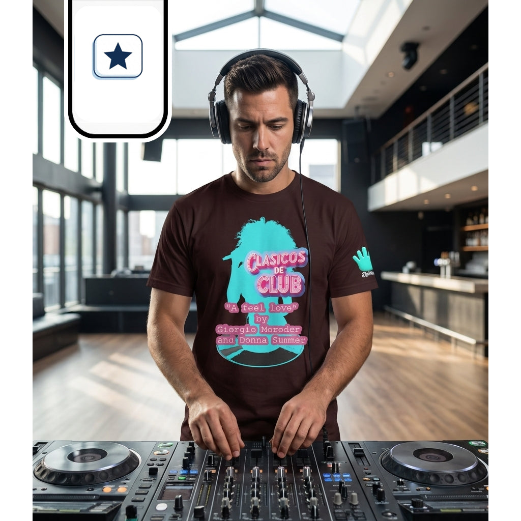 Un plano frontal medio encuadra al hombre concentrado frente a la mesa de mezclas con platos digitales, bajo un tragaluz amplio.
El diseño frontal de la camiseta se lee con total claridad, con el rótulo "CLÁSICOS DE CLUB" y la mención a Giorgio Moroder y Donna Summer.
La iluminación cenital resalta la simetría del equipo de audio, la postura del DJ y los detalles gráficos de la prenda.