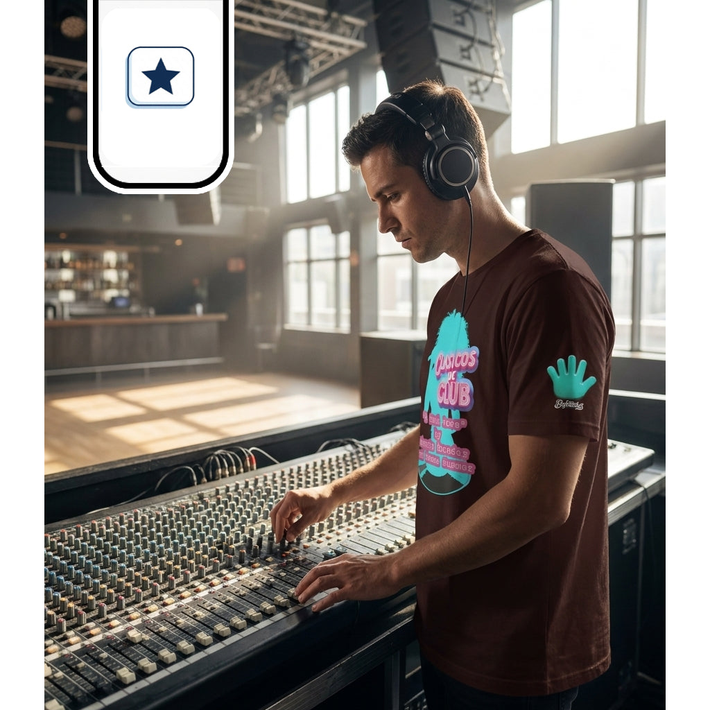 Un hombre de perfil con auriculares ajusta los controles de una gran consola de mezclas analógica en un espacio amplio e iluminado.
Viste una camiseta marrón de manga corta con un gráfico frontal retro y un parche turquesa con forma de mano en la manga izquierda.
La toma resalta la textura de los faders y la concentración del protagonista en su labor técnica.