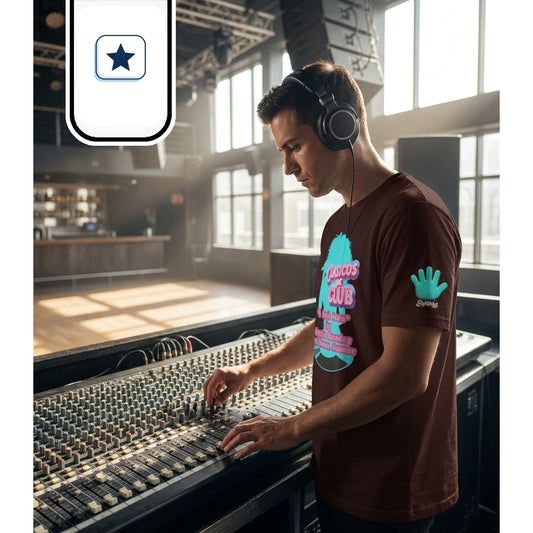 Un hombre de perfil con auriculares ajusta los controles de una gran consola de mezclas analógica en un espacio amplio e iluminado.
Viste una camiseta marrón de manga corta con un gráfico frontal retro y un parche turquesa con forma de mano en la manga izquierda.
La toma resalta la textura de los faders y la concentración del protagonista en su labor técnica.