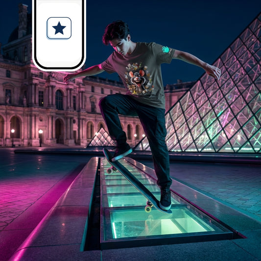 Un joven patina de noche sobre una claraboya de cristal iluminada, frente a la pirámide del Louvre.
Lleva una camiseta marrón estampada con una rata sonriente que emerge de una bolsa de basura.
La escena combina tonos nocturnos, arquitectura clásica y reflejos urbanos en color fucsia y turquesa.