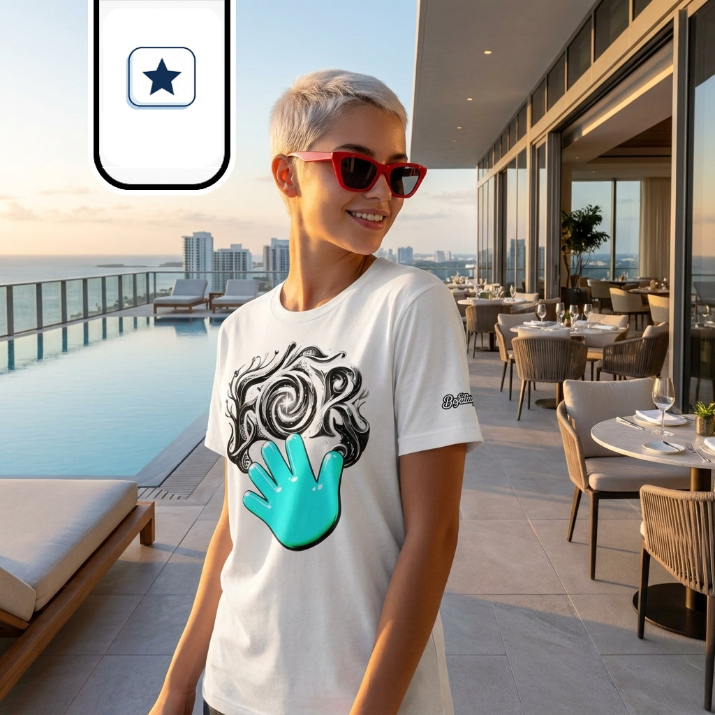 Una mujer de cabello corto rubio platino y gafas de sol rojas sonríe de medio lado en un plano medio.
Lleva una camiseta blanca estampada con una mano turquesa y tipografía gráfica oscura en el pecho.
Está en una terraza alta con piscina infinita y mesas de restaurante frente a una panorámica de la costa al atardecer.