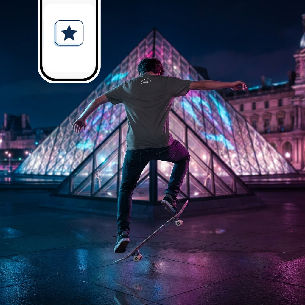 El patinador realiza un truco en el aire de espaldas a la cámara, justo enfrente de la pirámide iluminada.
Viste pantalones oscuros y una camiseta verde militar con un pequeño logo blanco minimalista en el hombro.
El suelo mojado refleja las intensas luces púrpuras y azuladas del entorno nocturno parisino.