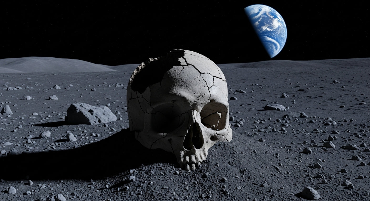 Una calavera semi-enterrada en la superficie lunar, en el horizonte la imagen parcial de la Tierra.