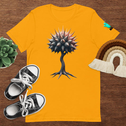 Camiseta Bofetadas, colección Abstracta, color amarillo, con ilustración de árbol con patrón de pinchos en el frente.