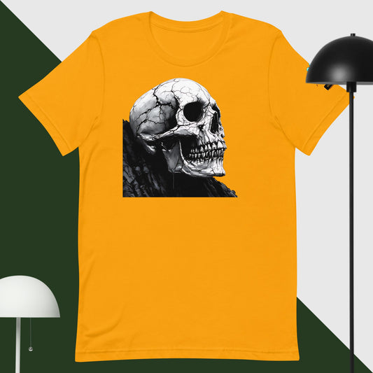 Camiseta amarilla de manga corta marca Bofetadas, colección 'Calaveras', con calavera agrietada de perfil sobre roca.