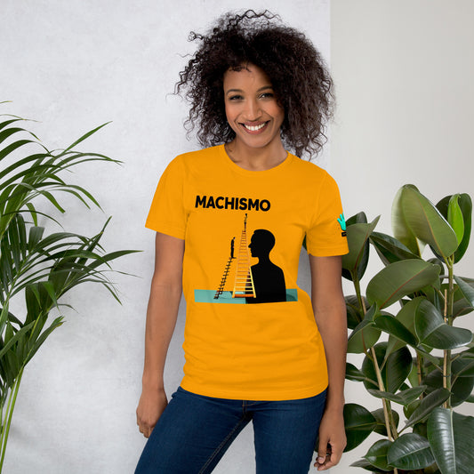 Camiseta amarilla de manga corta marca Bofetadas, colección Causas Sociales sobre machismo, con imagen de mujer en escalera y siluetas de hombres observando.