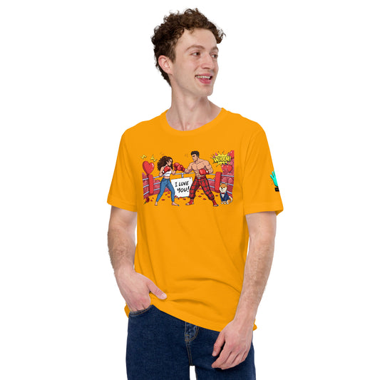 Modelo luciendo camiseta amarilla de manga corta marca Bofetadas, colección 'Amor', con pareja luchando en cuadrilátero, corazones y texto 'I love you'.