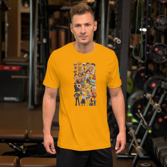 Modelo en gimnasio luciendo camiseta amarilla de manga corta marca Bofetadas, colección 'Pop', con impresión vibrante de iconos de la cultura pop plastificados.