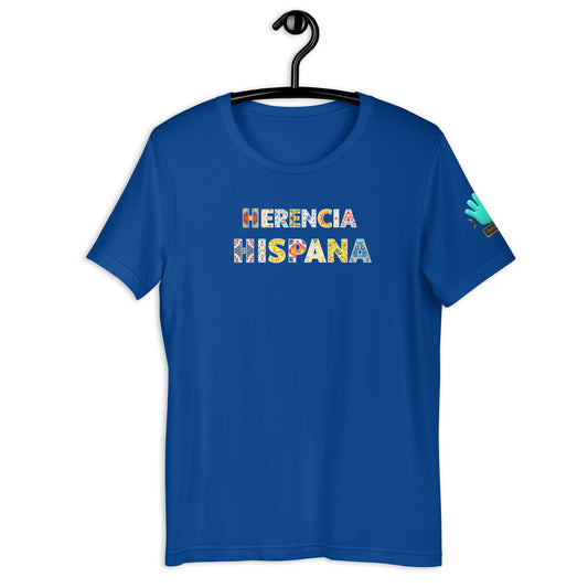 Camiseta azul de manga corta marca Bofetadas, colección Pop, con impresión frontal del texto decorado 'Herencia Hispana'.